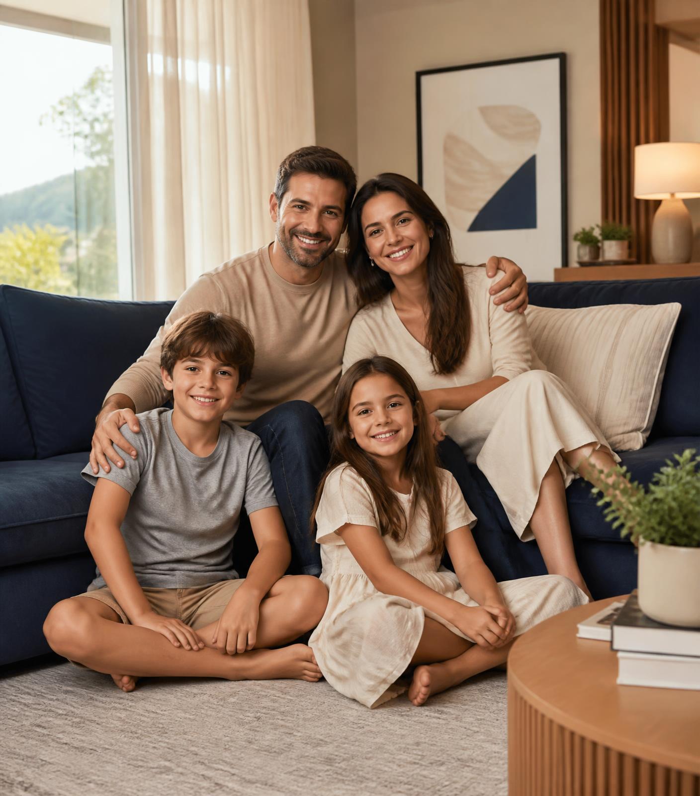 Família brasileira reunida na sala de casa em um ambiente residencial elegante